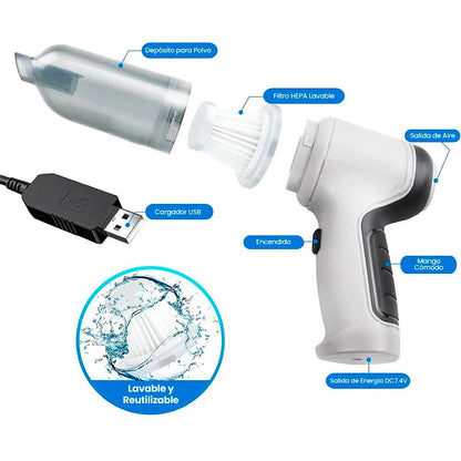 Aspirador de Mano Inalámbrico 4 en 1 con Soplador y Compresor, USB, para Hogar y Coche